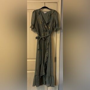 LC Lauren Conrad Gold and Green Ruffled Wrap Maxi Dress